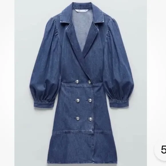 Zara Blue  Double Breasted Puff Sleeve Denim Mini Dress Blogger Favorite NEW - Picture 2 of 16